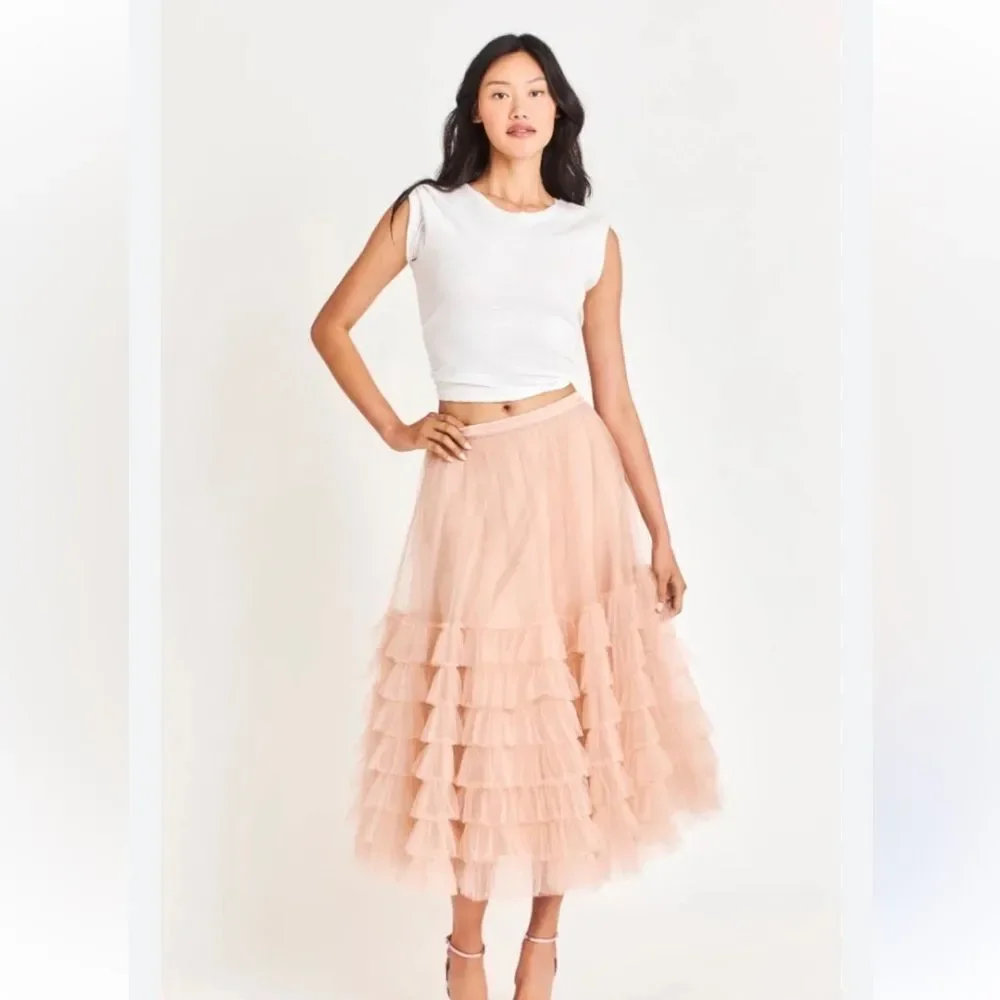 LoveShackFancy Lyric Tiered Tutu Tule Light Rose Skirt by Anthropologie Size 8